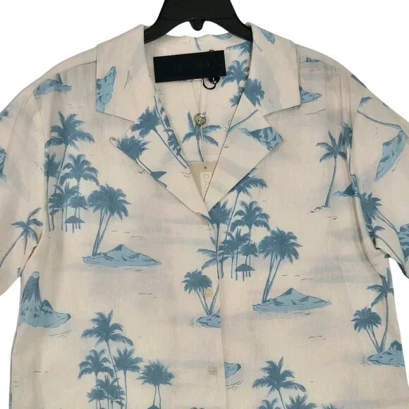 Gianni Bini Women's Size L Margaux Palm Tree Button Front Linen Blend Blouse - Picture 2 of 12